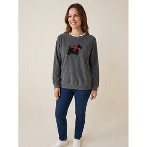 Fashion Classic Gray Scottie Dog Sweatshirt Embroidered Plaid Scarf Holiday M